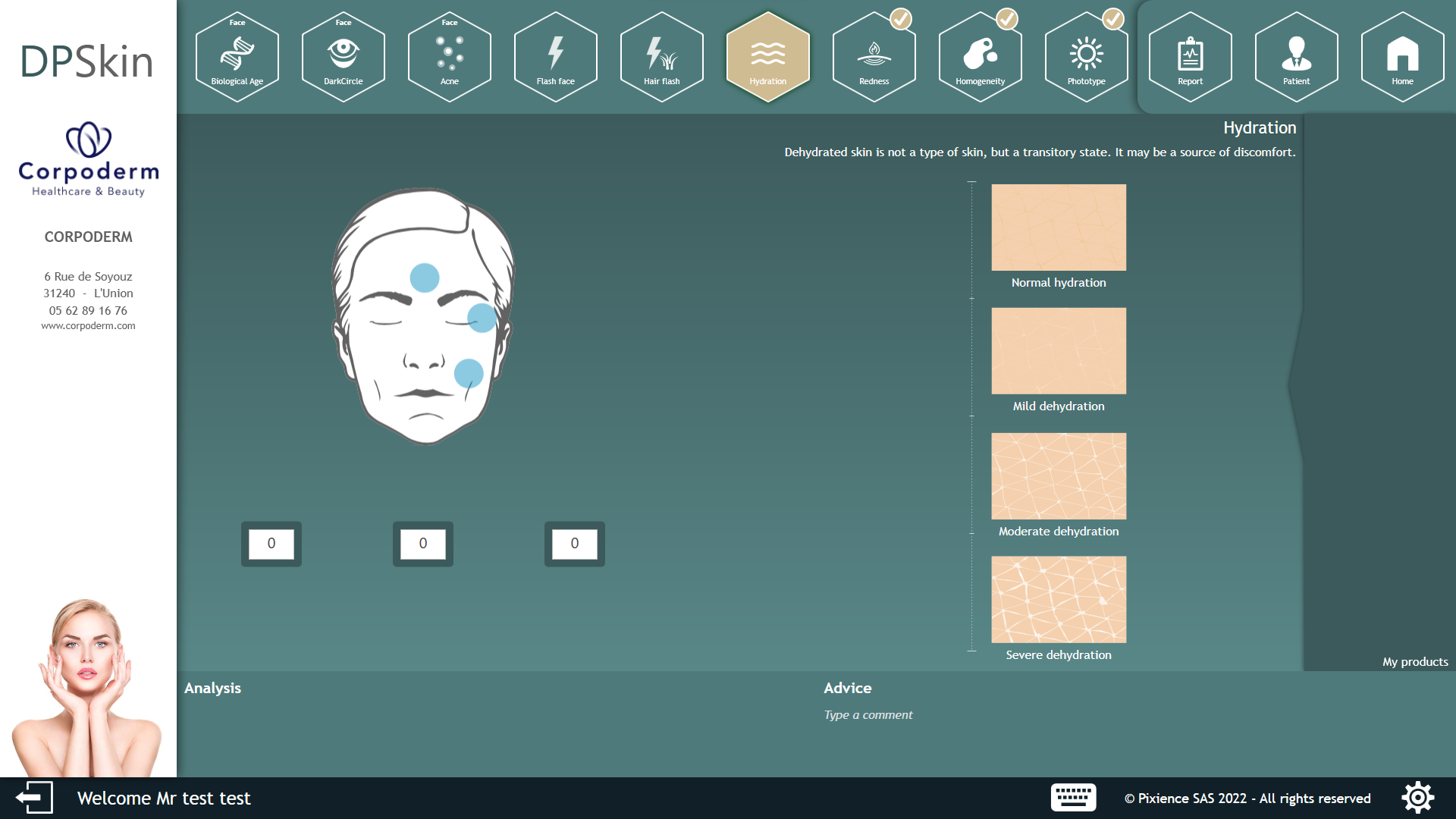 evaluación de pasos de análisis de la piel con dp skin